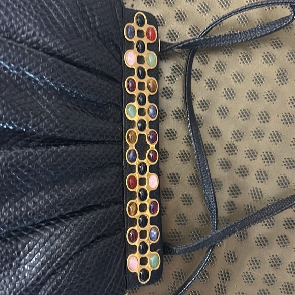 Judith Leiber Black Lizard Gemstone Top Clutch with Strap - Picture 7 of 15